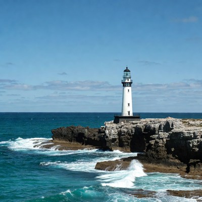 White lighthouse on rocky ocean cliff
