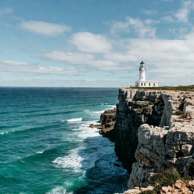 White lighthouse on ocean cliff