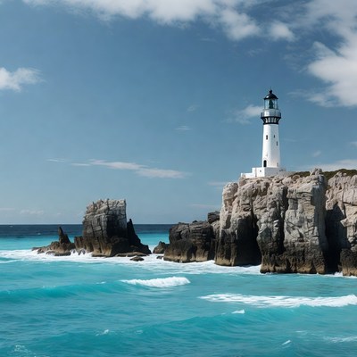 White Lighthouse on Rocky Ocean Cliff