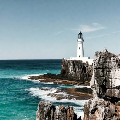 White lighthouse on rocky ocean cliff