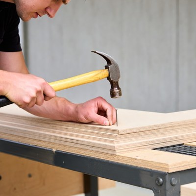 Man hammering wood on workbench