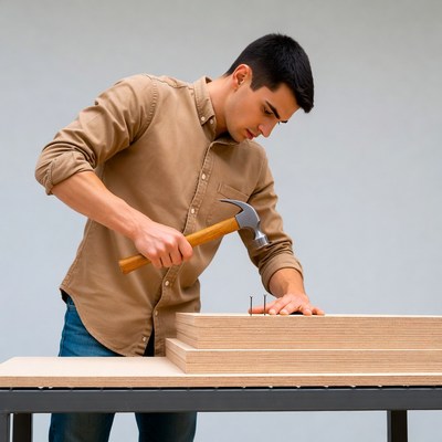 Man hammering nails into plywood