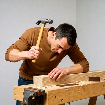 Man hammering nail into wood