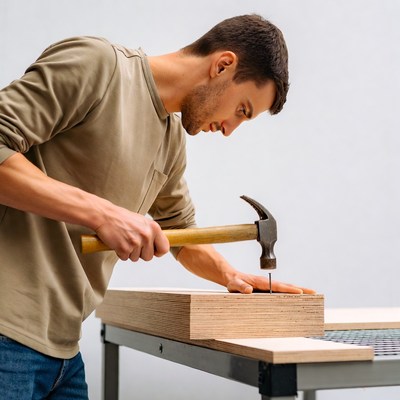 Man hammering nail into wood