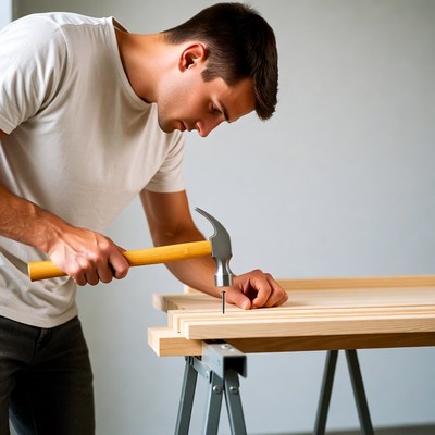 Man hammering nail into wood