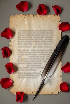 Old Parchment with Quill and Rose Petals