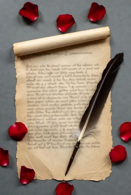 Vintage Scroll Quill and Red Roses