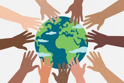 Diverse hands holding Earth illustration
