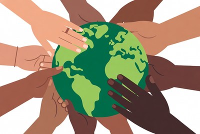 Diverse hands holding green Earth