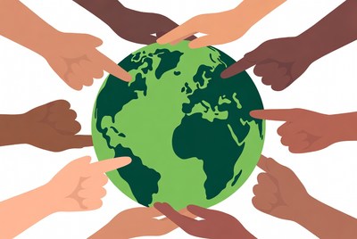 Diverse hands pointing at green Earth