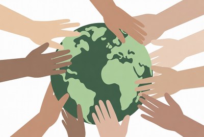 Hands holding green Earth illustration