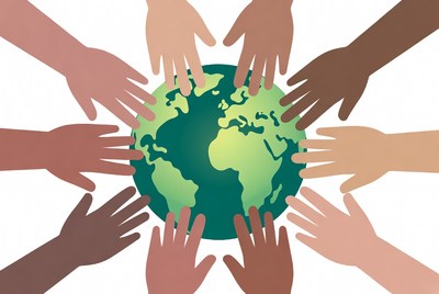 Diverse hands holding Earth globe