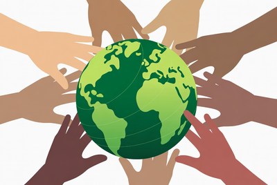 Diverse hands holding green globe