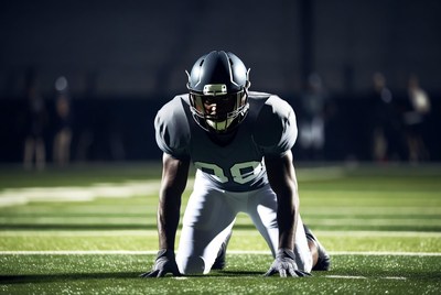 African-American football player in ready stance