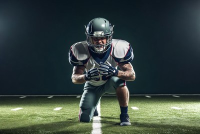 Football player kneeling on field