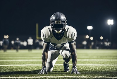 African-American football player in ready stance