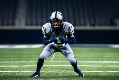 African-American football player in ready stance