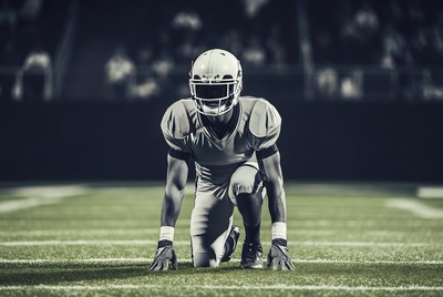African-American football player in three-point stance