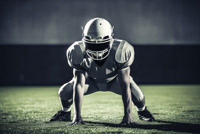 Football player in three-point stance