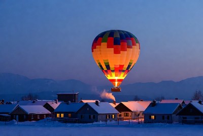 Colorful hot air balloon over snowy village