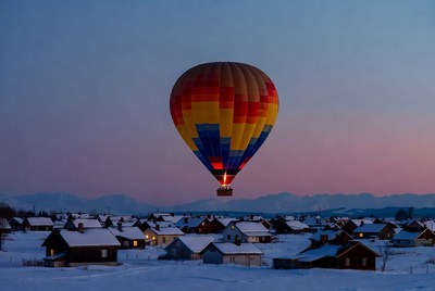 Hot Air Balloon Over Snowy Village