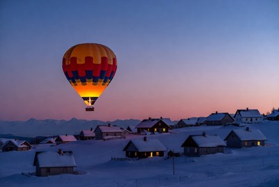 Hot Air Balloon Over Snowy Village