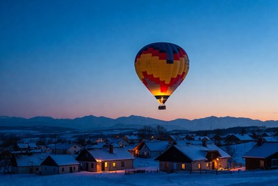 Hot air balloon over snowy village