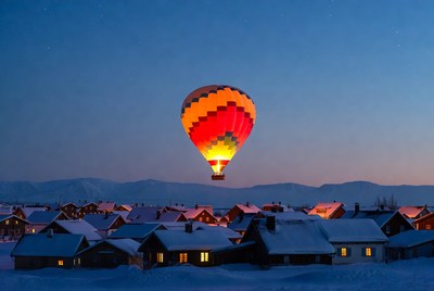 Hot Air Balloon Over Snowy Village