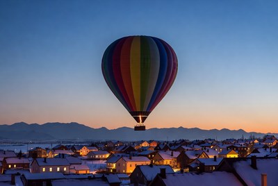 Rainbow Hot Air Balloon Over Snowy Village