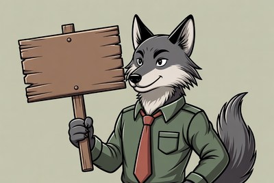 Anthropomorphic wolf holding blank sign