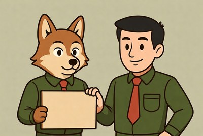 Man and fox holding blank sign