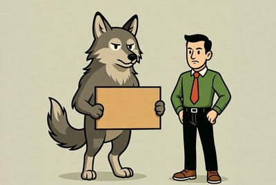 Anthropomorphic wolf holding blank sign with man