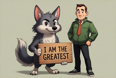 Cartoon wolf holding 'I Am The Greatest' sign