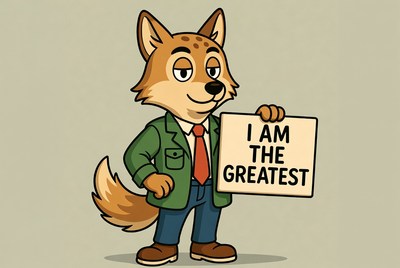 Cartoon fox holding 'I Am The Greatest' sign