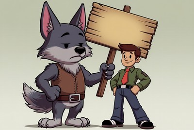 Cartoon wolf and boy holding blank sign