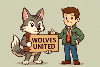 Wolf mascot holding Wolves United sign with man