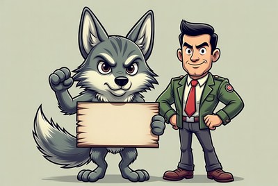 Cartoon wolf and man holding blank sign