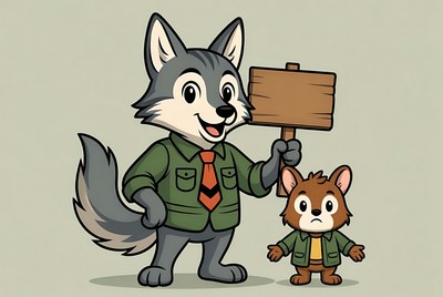 Wolf and fox holding sign