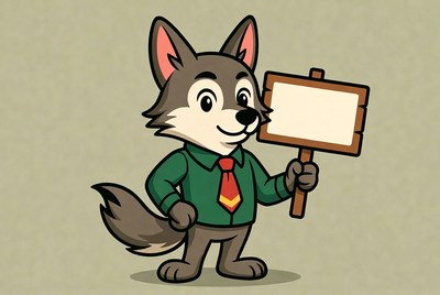 Cartoon wolf holding blank sign