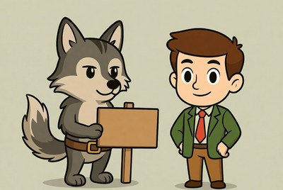 Cartoon wolf holding sign with boy