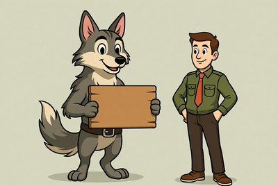 Wolf cartoon holding blank sign with man