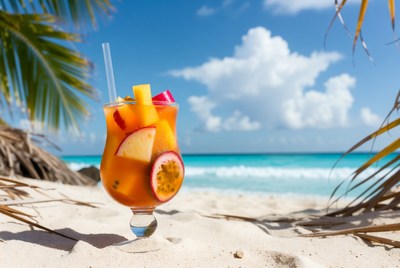 Tropical Fruit Hurricane Cocktail on Beach