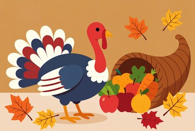 Turkey with cornucopia and fall leaves
