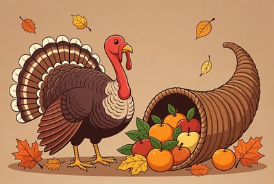 Turkey with Cornucopia and Fall Fruits