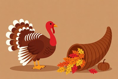 Turkey with cornucopia and fall leaves