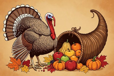 Turkey with Cornucopia and Autumn Fruits
