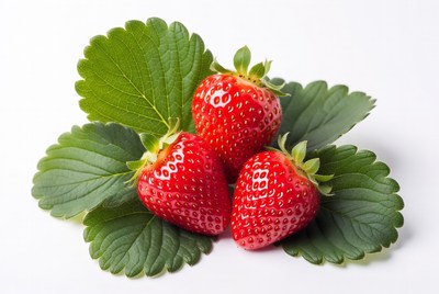 Three Strawberries with Green Leaves