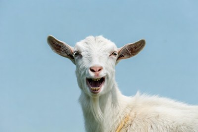 White goat laughing on blue background