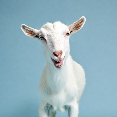 White goat smiling on blue background