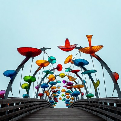 Colorful Glass Flowers on Bridge